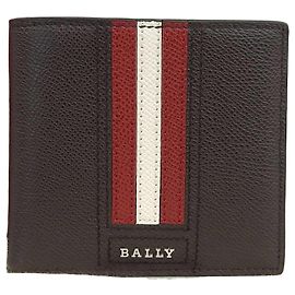 Portefeuille plié à rayures Bally, Cuir, Marron foncé x Blanc Rouge Marron