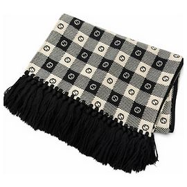 GUCCI Interlocking G Check Pattern Fringe Stole/Scarf, Black/Ivory, x , Made in Italy, Authentic, Men's, with Box. Black
