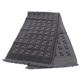 Fendi FF pattern wool scarf for men, available in black and gray. Black