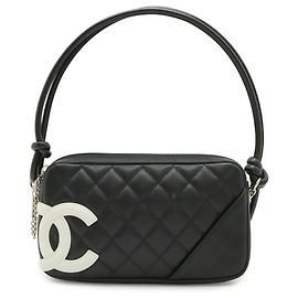 CHANEL Cambon Line Coco Mark Pochette Sac à main Bandoulière en Cuir Noir Noir