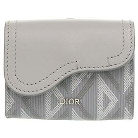 Christian Dior Like New Dior Saddle CD Diamond Leather Grey Business Card Holder/Card Case Wallet Brown