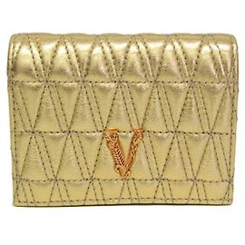 Cartera compacta de cuero acolchado Versace Visetos para mujer (plegable) Gold, Black Negro