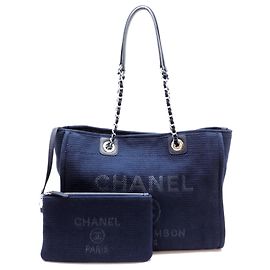 Chanel Deauville MM Shoulder Bag (with pouch) - Women's, , Canvas, Navy Navy blue