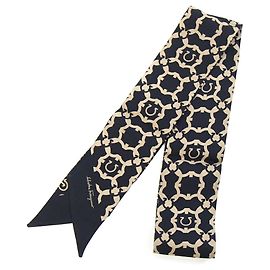 Sciarpa Salvatore Ferragamo, Nero/Marrone chiaro, % Seta, Sciarpa Gancini Ribbon, Donna, Salvatore Nero