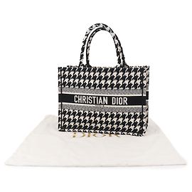 Christian Dior Book Tote Medium Handbag, Canvas, Black and White Houndstooth Pattern, Black