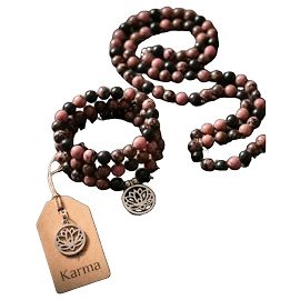 Autre Marque Mala Karma in Rodonite e Ossidiana con Fiore di Loto in Argento Nero Rosa Silver hardware