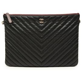 Chanel Black Medium CC Chevron Caviar O Case Clutch Black