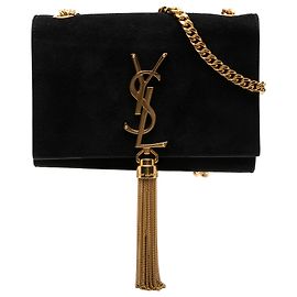 Borsa a tracolla Kate in scamosciato nero con monogramma Saint Laurent, piccola Nero