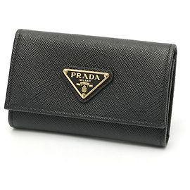 Prada Saffiano Triangle Key Case in Black Leather Black