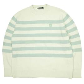Acne Studios Gestreifter Face Patch Wollpullover Beige Grün