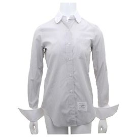 Thom Browne Camicia con collo rotondo in seta e cotone a righe University Marrone