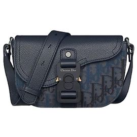 Dior Mini borsa a tracolla con patta Deep Blue Oblique Trio Jacquard in pelle di vitello granulata Deep Blue Blu