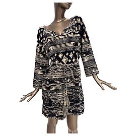 Chanel Vestido estampado azul-marinho e branco com cinto Branco Azul marinho