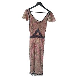 John Galliano Vestido midi de seda estampado Marrom Preto Rosa Bege