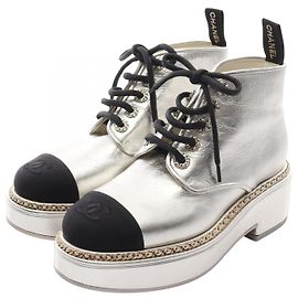 Botas de couro e tecido com logotipo Coco da Chanel Preto Prata