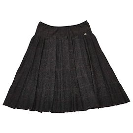 Chanel Coco Mark Check Wool Blend Pleated Skirt Brown Grey