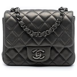 Chanel Gray Mini Square Classic Lambskin Single Flap Marron Gris anthracite