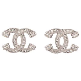 NEUE CHANEL LOGO CC & STRASS METALL NEW SILVER OHRRINGE Silber