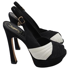 Saint Laurent Cross Strap Peep-Toe Platform Pumps in Black Suede Black