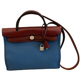 Hermès Herbag Zip 31 Blue Canvas and Rouge H Leather Handbag Brown Blue