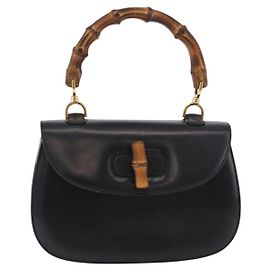 Gucci Vintage Convertible Bamboo Top Handle Leather Medium Noir