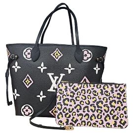 Louis Vuitton Neverfull MM Shopper in pelle Nero Rosa Stampa leopardo