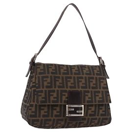 FENDI Zucca Canvas Mamma Baguette Shoulder Bag Black Brown Auth 185682SAV Marron Noir