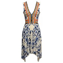 Fuzzi Vestido midi de malha sem mangas com decote em V e estampa floral multicolorida / Creme / Azul / Laranja Multicor