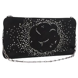 CHANEL Camelia Chain Shoulder Bag Satin Black Silver CC Auth 184869SM Black Silvery