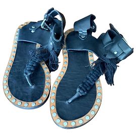 Isabel Marant Black Leather Studded Fringe Flat Sandals Black