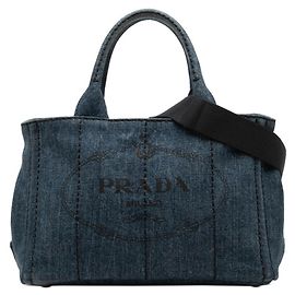 Borsa Tote Prada Canapa con Placca Logo Triangle Blu