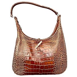 Bolsa de mão Longchamp em couro com efeito croco marrom Marrom