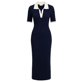Autre Marque From Future Merinowolle Maxi-Kleid gerippt - Navy & Ivory Weiß Dunkelblau