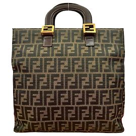 Sac à main en cuir et toile Zucca Fendi Marron Noir Kaki