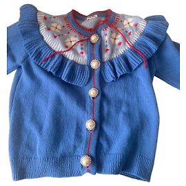 Miu Miu Cardigan in Blau mit Rüschen und Perlenknöpfen Blau
