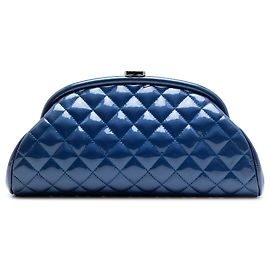 Chanel Blue Quilted Patent Timeless Kiss Lock Clutch Blue