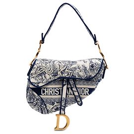 Sac Saddle en toile de Jouy brodée bleue Dior Bleu Bleu Marine