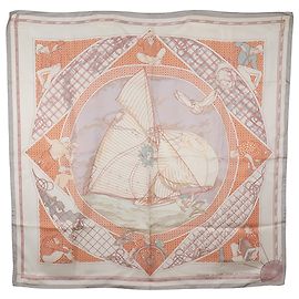 Lenço de seda Hermès White Voyage Au Long Cours 90 Branco Fora de branco