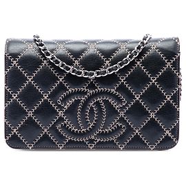 Chanel Black Stitched CC Quilted Calfskin Wallet on Chain Black