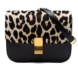 Céline Celine Classic Box em couro de bezerro preto e crina de pônei com estampa de leopardo, tamanho Medium Preto