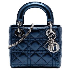 Lady Dior Cannage in pelle di vitello metallizzata blu mini Blu Altro
