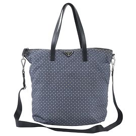 Prada Tessuto Nylon Leather 2-Way Tote Bag Black Navy blue