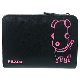 Prada Bi-Fold Wallet with Maria Dog Illustration Black Pink