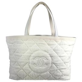 Chanel CC Coco Mark Logo Shoulder Tote Bag White Yellow