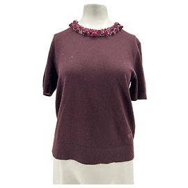 Tory Burch Pullover de lã de mangas curtas bordeaux com gola de lantejoulas Bordeaux