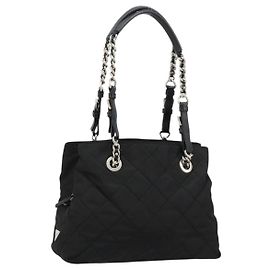 Borsa a Spalla con Catena PRADA Nylon Nero Argento Auth 184635V Nero Argento