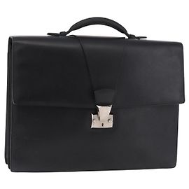 CARTIER Business Bag Leather Black Silver Auth 184924 Black Silvery