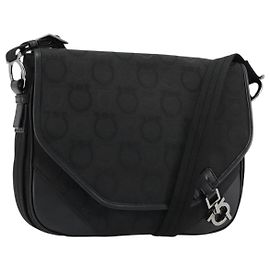 Salvatore Ferragamo Gancini Shoulder Bag Canvas Black Silver Auth bs35520 Black Silvery
