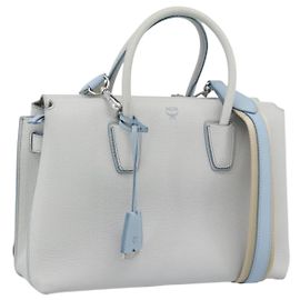 Bolsa MCM de Couro 2way Cinza Prata Auth BA13363A Marrom Prata