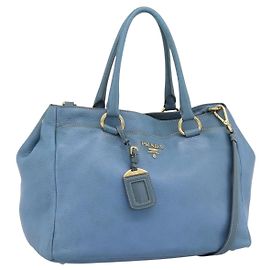 Bolsa Tote PRADA de couro 2way Azul Ouro Auth 185152A Azul Dourado